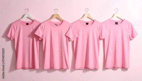 Four plain pink t-shirts on hangers against a pink wall