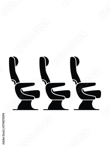 Three empty airplane seats in a row on white background