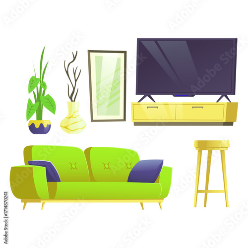 Modern Living Room Furniture Set Sofa, TV Stand, Plants