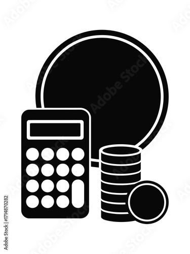 Calculator and stack of coins with large circle background