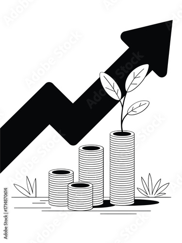 Growing plant on stacked coins with upward trend arrow