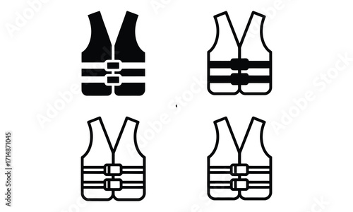 Minimalist life vest icon set with solid and line art V-shaped safety vest designs in black and white vector illustration