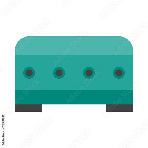 Illustration of a modern teal sofa with rounded edges and dark green accents