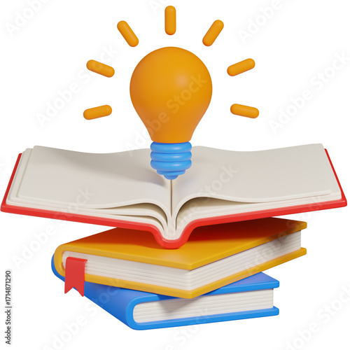 3d render Knowledge and Education Stack of Books with Lightbulb Idea icon