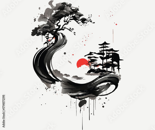 Zen Circle Enso with Japanese Brush Stroke Tree and Pagoda with Red Sun Abstract Ink Art