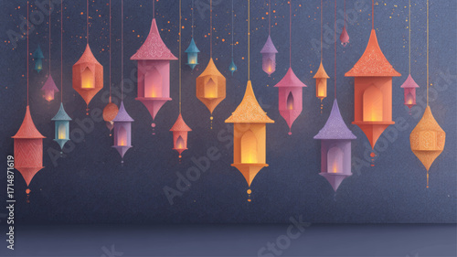 Decorative colorful Diwali lanterns glowing in festive night with traditional kandil celebration background.