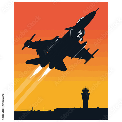 Minimalist military fighter jet silhouette taking off against orange-yellow gradient sky vector illustration