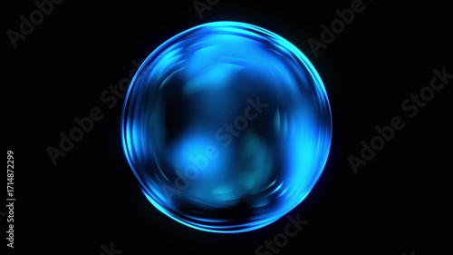Abstract blue gradient 3d sphere background. Futuristic glass sphere rotating with light reflections and bokeh. Crystall ball and energy orb. Information technology concept,  data science, AI. 4k loop