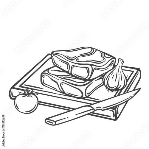 Ribeye steak two slices on rectangular wooden board with knife, garlic and tomato line icon. Outline hand drawn sketch of rib eye portion to cook, grill. Butchery mascot, steak vector illustration