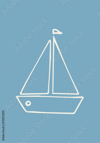 Illustration Hand Draw Doodle Little Boat Toy with Blue Background