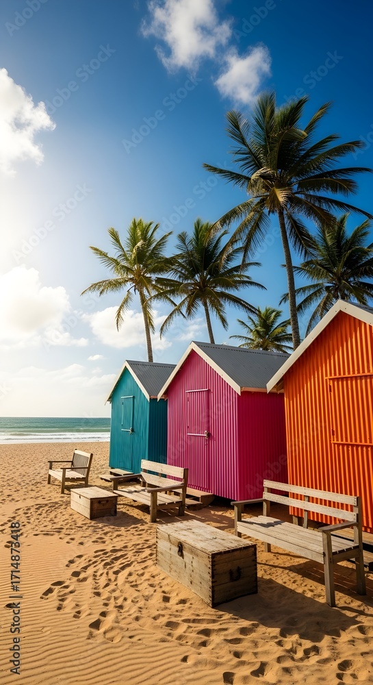 Fototapeta premium Colorful beach huts under a bright blue sky, creating a vibrant scene with palm trees, wooden benches, and sandy shores, evoking a sense of relaxation and a perfect travel destination