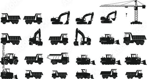 Construction vehicle silhouette set, black vector icons, excavator and crane clipart, dump truck graphic, industrial machinery design, heavy equipment illustration