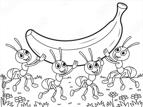 Teamwork and effort shown by cartoon ants lifting a large banana in this fun drawing.