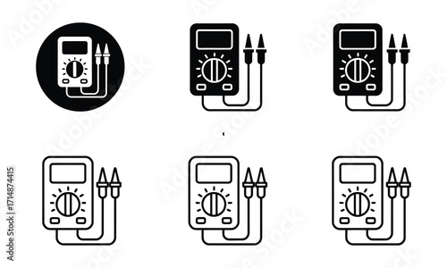 Minimalist multimeter icon set with solid and line art digital measurement devices in black and white vector illustration