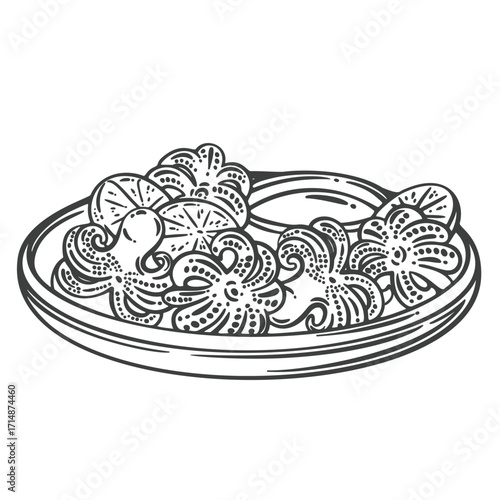 Plate of grilled baby octopus with lemon slices and dipping sauce. Traditional Hong Kong street food. Outline vector illustration in engraved style for menu, packaging, or food design.