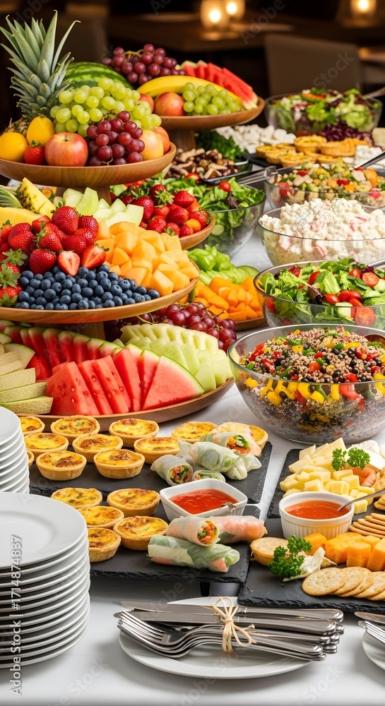Fototapeta premium Gourmet catering concept featuring a luxurious banquet table laden with a colorful assortment of fresh fruit platters, vibrant salads, and savory appetizers