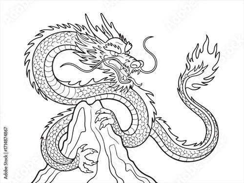 Black and white illustration of Chinese dragon with scales, claws, and fire, traditional mythical creature line art drawing for coloring book, fantasy folklore reptile sketch design