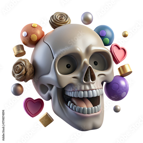 A stylized, grinning skull surrounded by colorful, whimsical objects, isolated on transparent background