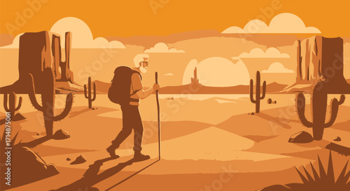 An elderly man with a backpack and walking stick traverses a vast desert landscape under a warm, hazy sun, illustrating a journey or adventure