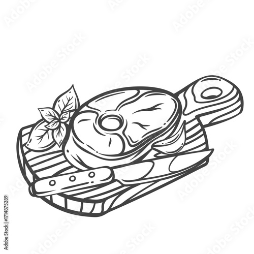 Ossobuco, bone in steak on wooden board with knife and basil leaf line icon. Outline hand drawn sketch of raw round beef meat steak slice. Cooking, butchery mascot, beefsteak vector illustration