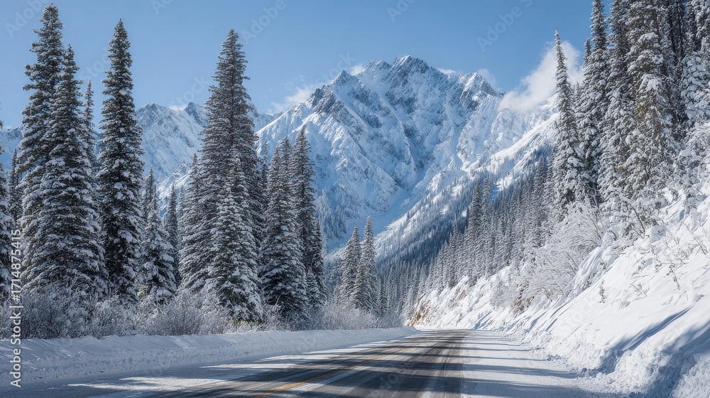 Fototapeta premium Snowy Mountain Road With Pine Trees And Blue Sky. Winter Travel And Scenic Landscape