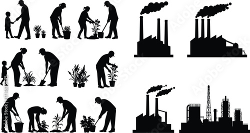 Environmental care and pollution silhouette, gardening and factory icons, black vector contrast, sustainability concept graphic, nature versus industry design