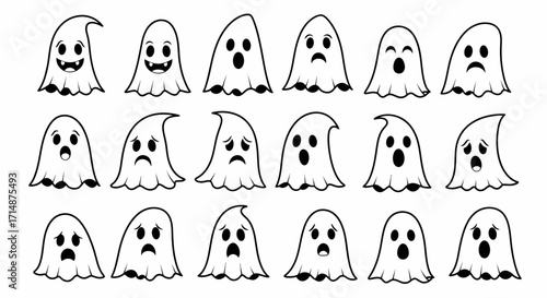Cartoon Ghosts with Varied Expressions A Spooky and Playful Halloween Collection.