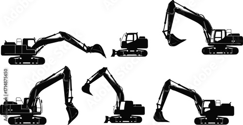 Excavator silhouette collection, black construction vehicle icons, tracked machinery graphic, digging arm positions, industrial equipment vector, earthmoving tool clipart