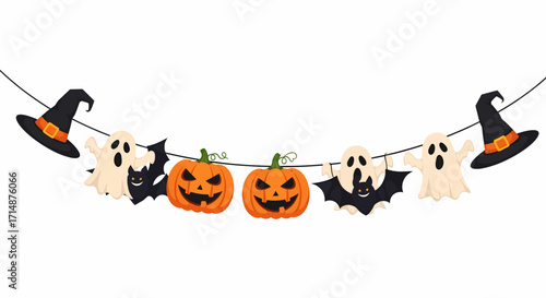 Halloween Garland with Witch Hats Ghosts Bats and Jackolanterns on a String.