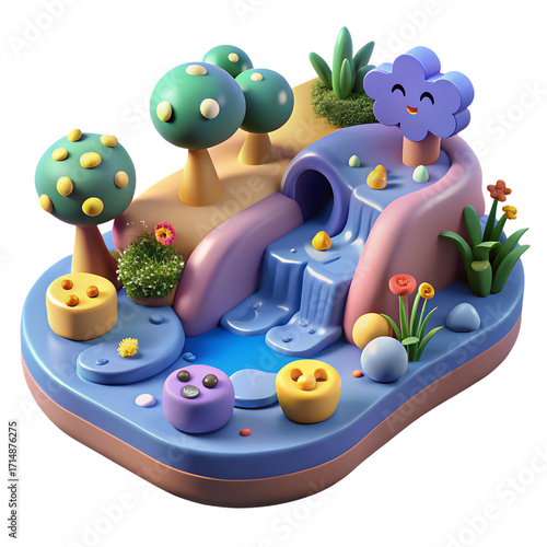 Whimsical cartoon landscape with a playful slide and waterfall, featuring cute characters and colorful trees isolated on transparent background