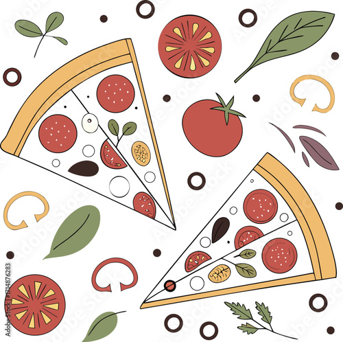 A vibrant seamless pattern featuring delicious slices of pizza with pepperoni, mushrooms, and mozzarella cheese on a red background