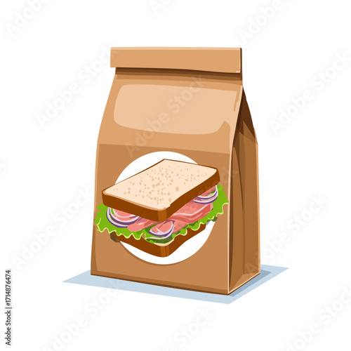 A classic tuna sandwich in a brown paper lunch bag with a sticker. This vector illustration is perfect for takeout food concepts, deli menus, or fast food advertising.