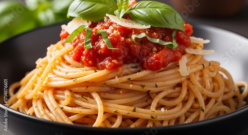 Delicious Whole Wheat Spaghetti with Rich Tomato Sauce and Fresh Basil Topping