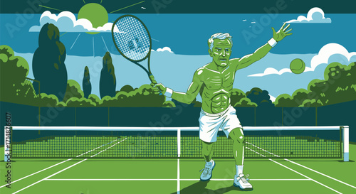 Tennis Player Ready to Serve on a Sunny Court Illustration