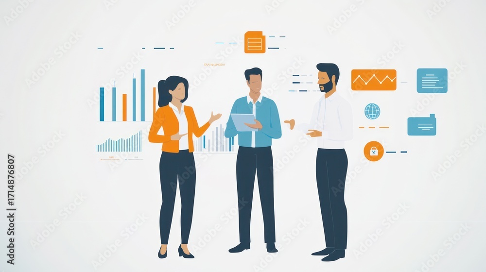 Fototapeta premium Business team analyzing data, office background, project planning, website illustration