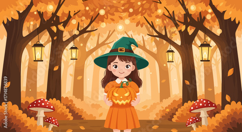 Smiling Cartoon Witch Holding Carved Pumpkin in Autumnal Forest Scene.