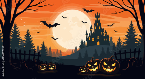 Spooky Halloween Night Scene with Castle Pumpkins Bats and Full Moon.