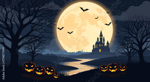 Spooky Halloween Night Scene with Glowing Pumpkins Bats and Haunted Castle.