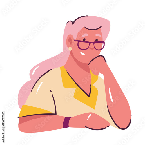 Woman with long hair and glasses resting her chin on her hand, looking thoughtful and deep in thought. Cartoon doodle vector illustration of lady for office, websites, education, or creative projects.