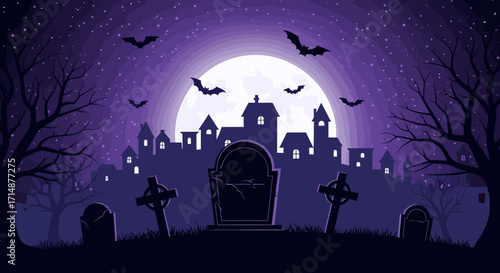Spooky Halloween Night Scene with Silhouetted Graveyard and Haunted Village.