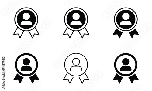 Minimalist user achievement icon set with human figure and ribbon badges in black and white vector illustration