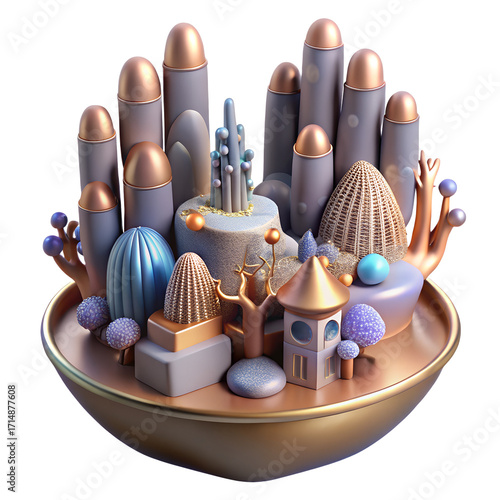 Surreal miniature landscape with abstract structures and organic elements in a golden bowl isolated on transparent background