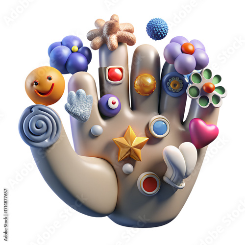 A playful cartoon hand adorned with various colorful charms and accessories, isolated on transparent background