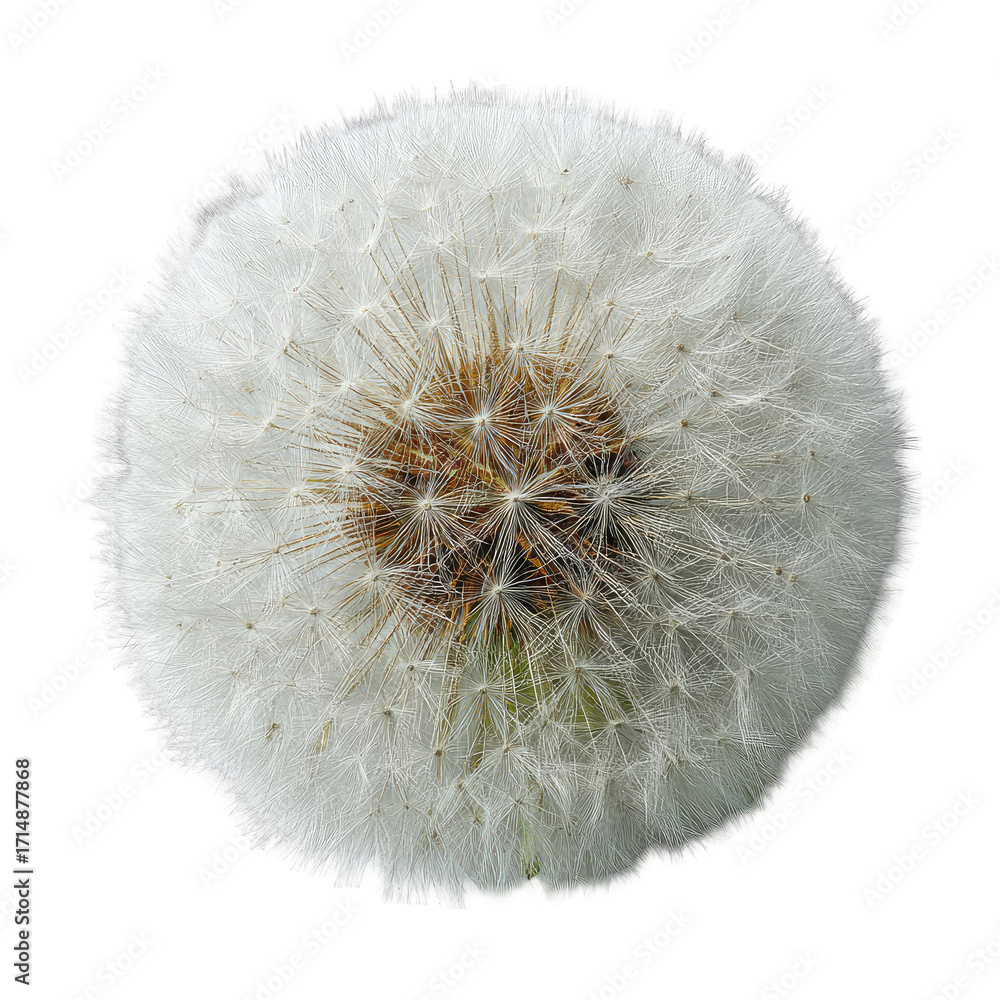 Fototapeta premium Close-up of a dandelion seed head, perfectly circular, fluffy white seeds radiating outward from a central brown seed pod