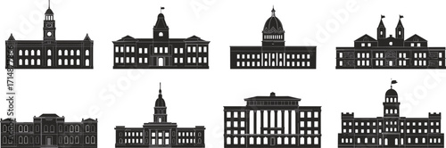 Government building silhouette icons, institutional architecture, domes and columns, civic structures, vector design, public institutions, symmetrical layout, black graphic set