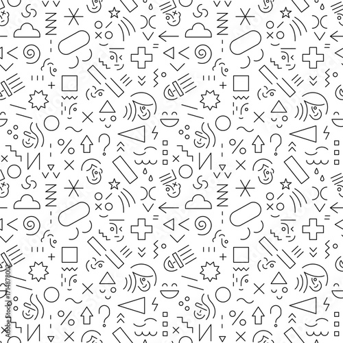 Faces of kids and teens creative school education seamless background ,  lines sign and symbol vector pattern