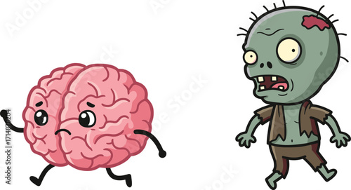 Funny cartoon illustration of running brain character escaping from hungry zombie, Halloween humor design, spooky horror concept, scary yet cute artwork for festive decoration