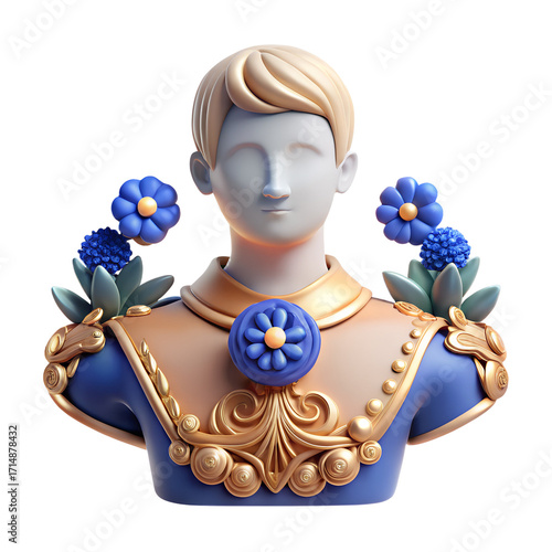 Bust of a young man with blue flowers and ornate gold detailing, isolated on transparent background