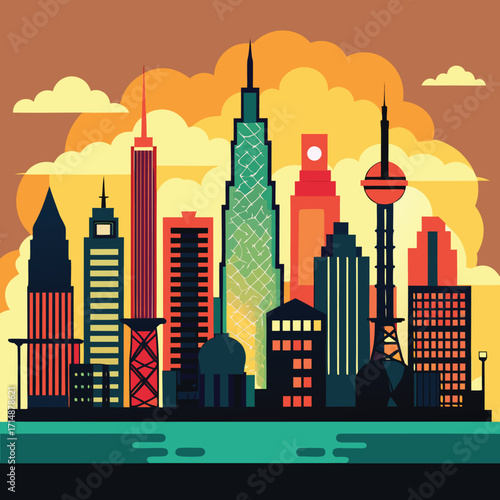 Modern city skyline silhouette with diverse architectural elements and vibrant color options for graphic design