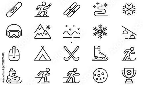 Minimalist winter sports and outdoor activity icon set of 20 line art elements in 4x5 grid black and white vector illustration
